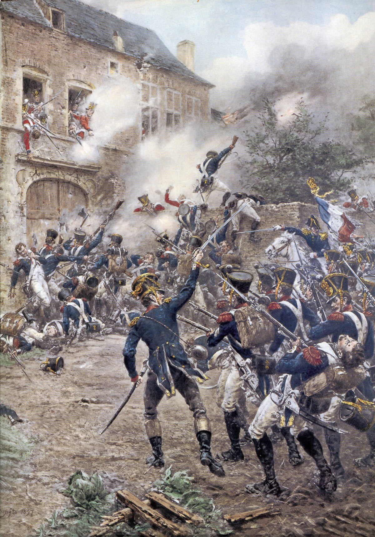 French attack on Hougoumont Château at the Battle of Waterloo on 18th June 1815: picture by Ernest Crofts