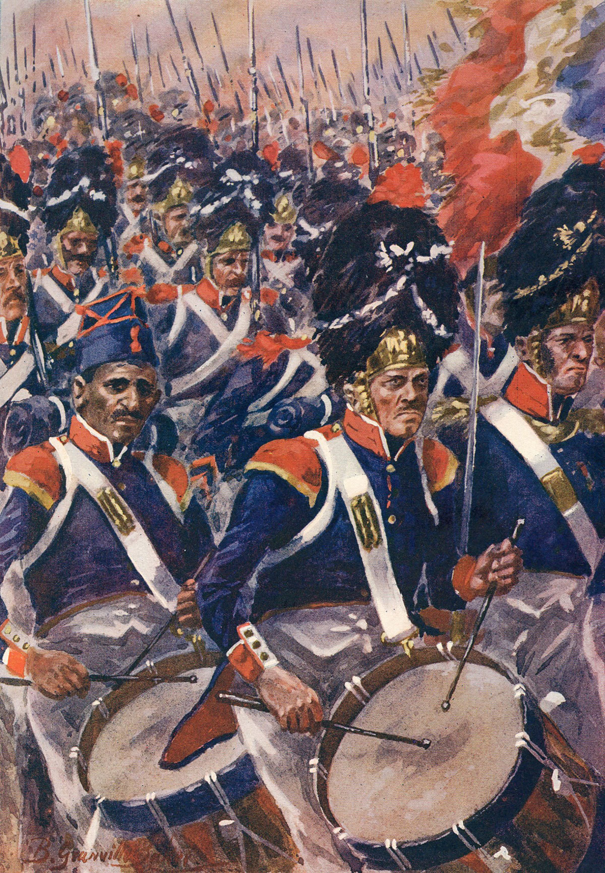 French infantry column attacking at the Battle of Barossa on 5th March 1811 in the Peninsular War: picture by R. Granville Baker