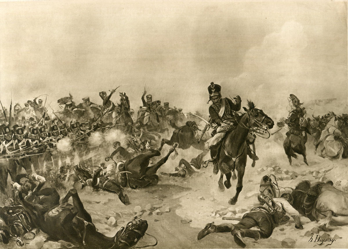 The British Light Division under attack by French cavalry at the Battle of Fuentes de Oñoro 3rd to 5th May 1811 in the Peninsular War: picture by Henri Dupray: buy this picture