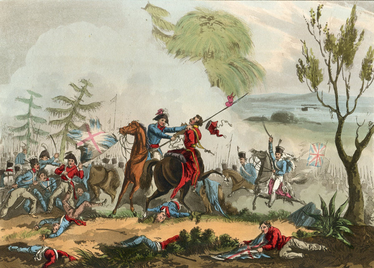 General Beresford throwing the Polish Lancer from his horse at the Battle of Albuera on 16th May 1811 in the Peninsular War: picture by William Heath