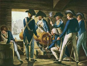 Gun on a Royal Navy ship in action: Battle of Trafalgar on 21st October 1805 during the Napoleonic Wars
