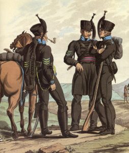 Hussar and Light Infantry of the Duke of Brunswick Oel's Corps: Battle of Waterloo 18th June 1815: picture by Charles Hamilton Smith: buy this picture