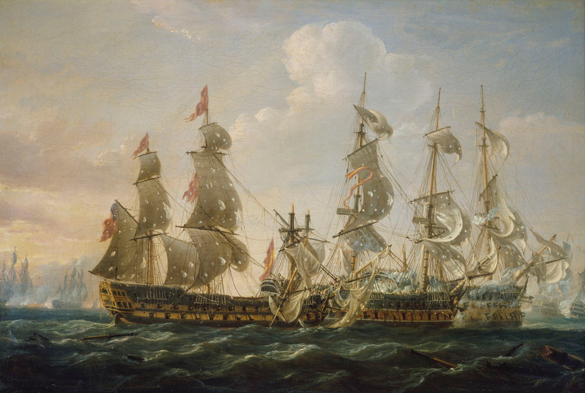 HMS Captain attacking the San Nicolas and the San Josef at the Battle of Cape St Vincent on 14th February 1797 in the Napoleonic Wars: buy a picture of the Battle of Cape St Vincent