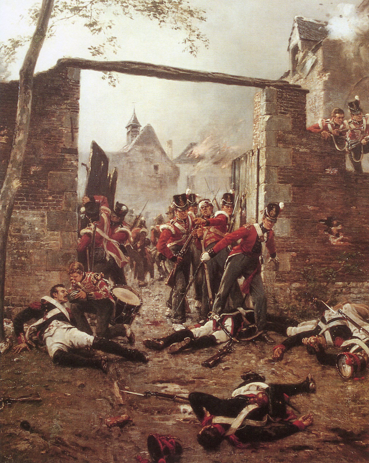 Coldstreamers defending the gate of Hougoumont Château at the Battle of Waterloo on 18th June 1815: picture by Ernest Crofts