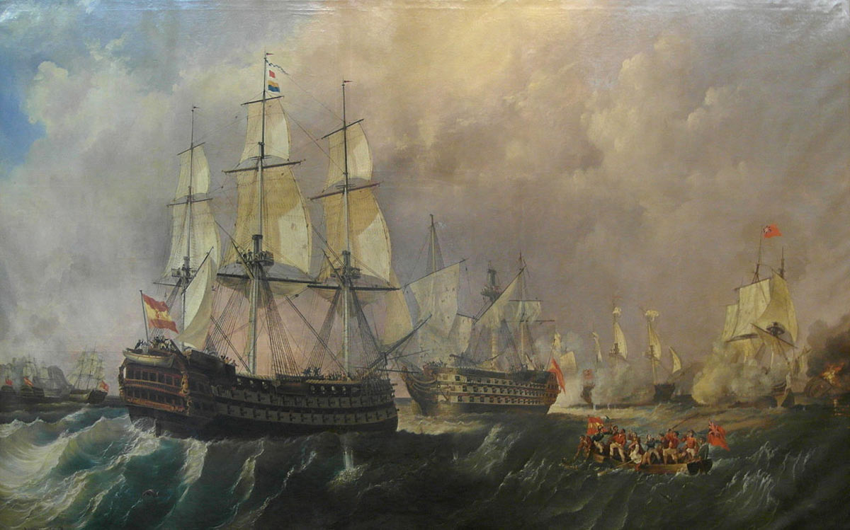 Infante Don Pelayo supporting Santissima Trinidad under attack by British ships at the Battle of Cape St Vincent on 14th February 1797 in the Napoleonic Wars