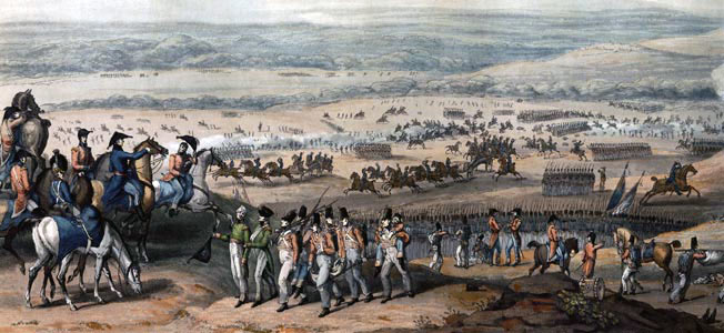 British 7th Division withdrawing to the ridge at the Battle of Fuentes de Oñoro 3rd to 5th May 1811 in the Peninsular War: picture by William Heath