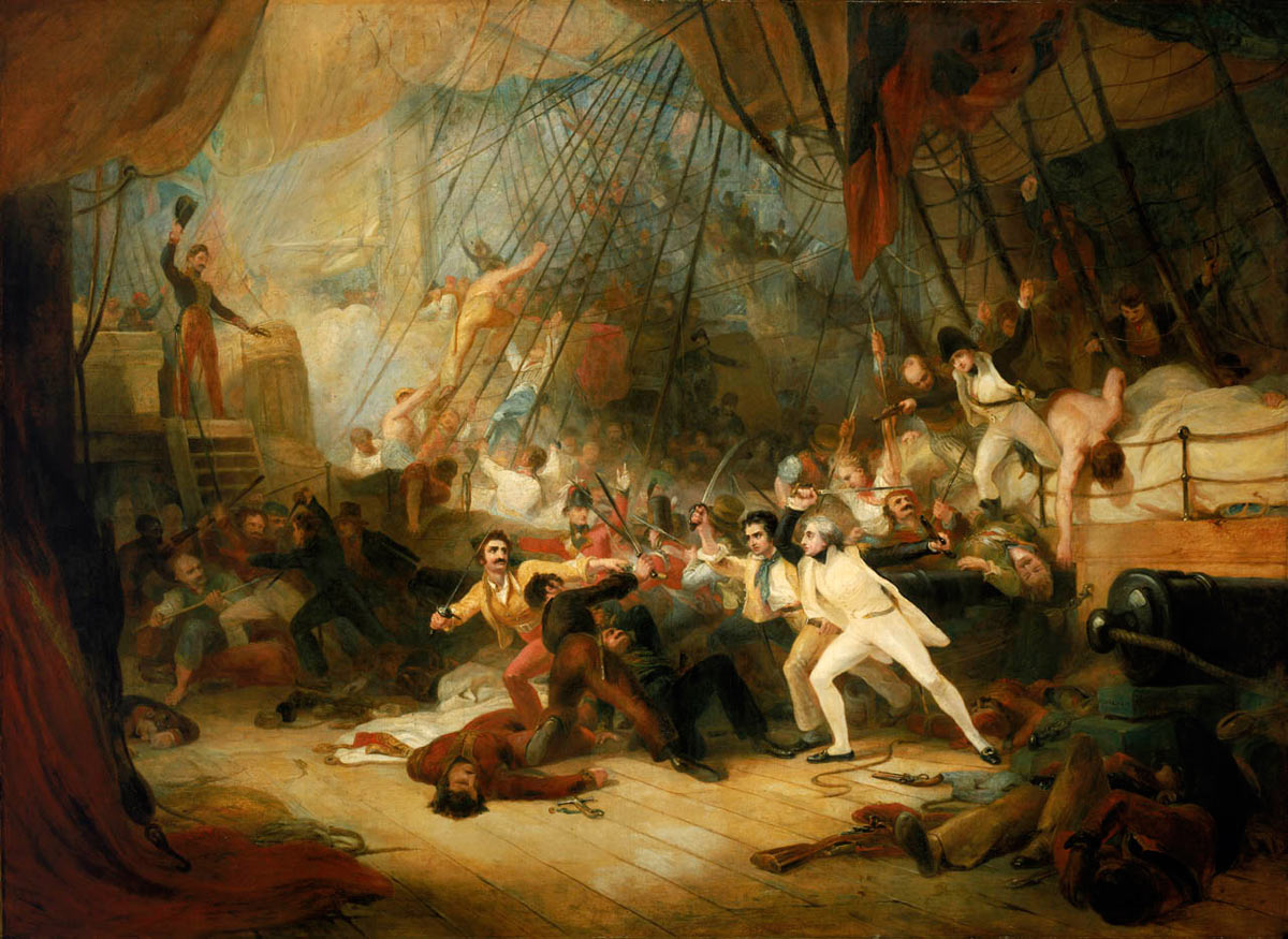 Nelson boarding the San Josef at the Battle of Cape St Vincent on 14th February 1797 in the Napoleonic Wars: picture by George Jones: buy this picture in black and white