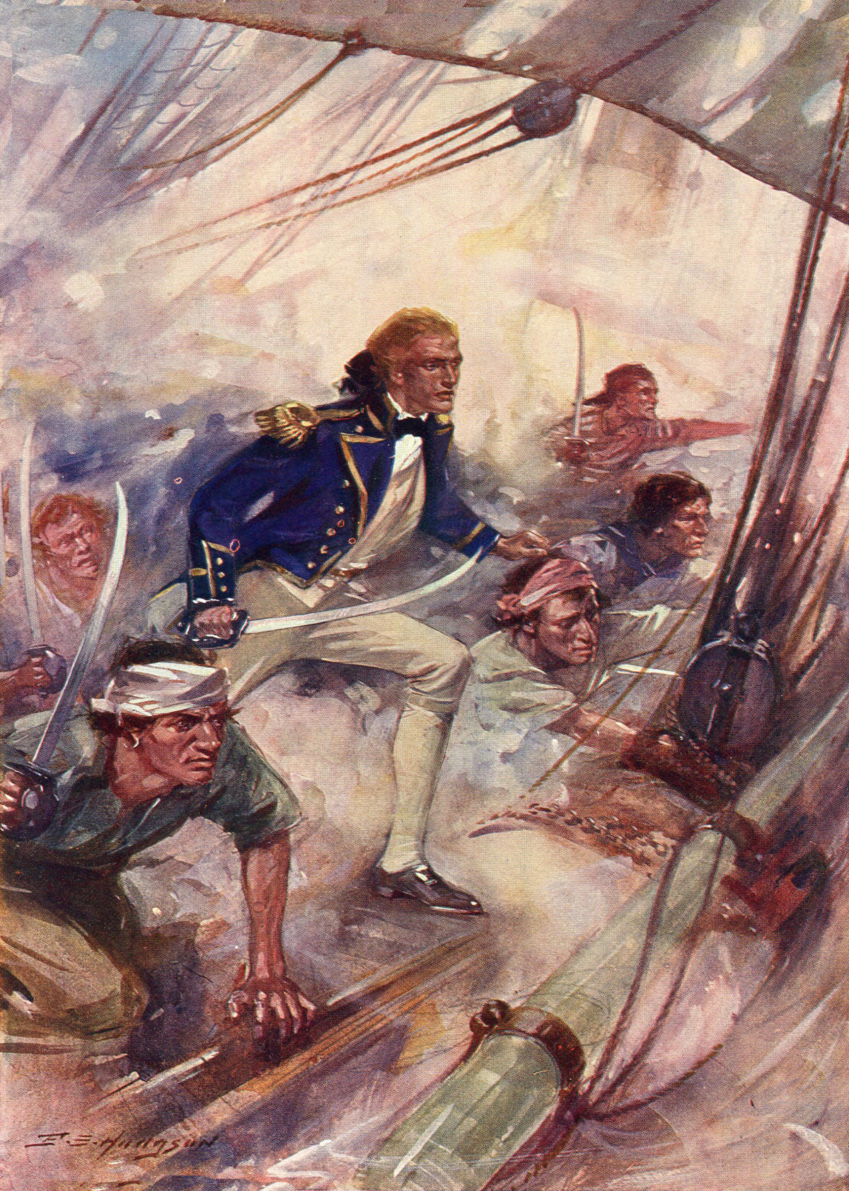 Nelson boarding the San Josef at the Battle of Cape St Vincent on 14th February 1797 in the Napoleonic Wars: picture by E.S. Hodgson: buy a picture of Nelson boarding the San Josef