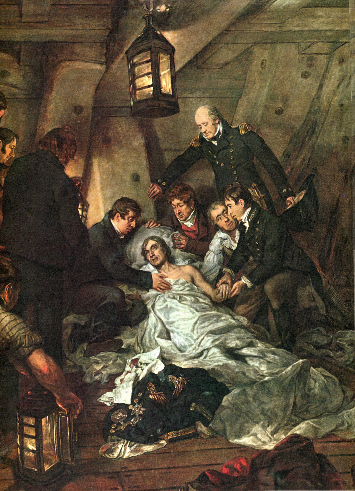 Nelson's death on HMS Victory during the Battle of Trafalgar on 21st October 1805 during the Napoleonic Wars: picture by Arthur William Devis: buy this picture