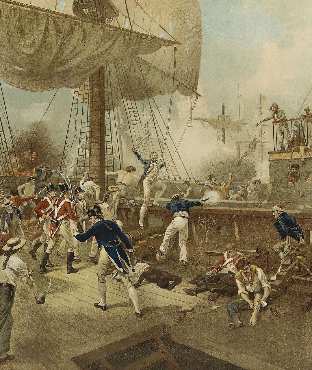 'All Hands to Board': Nelson boarding the San Nicolas at the Battle of Cape St Vincent on 14th February 1797 in the Napoleonic Wars: picture by Robert Hillingford