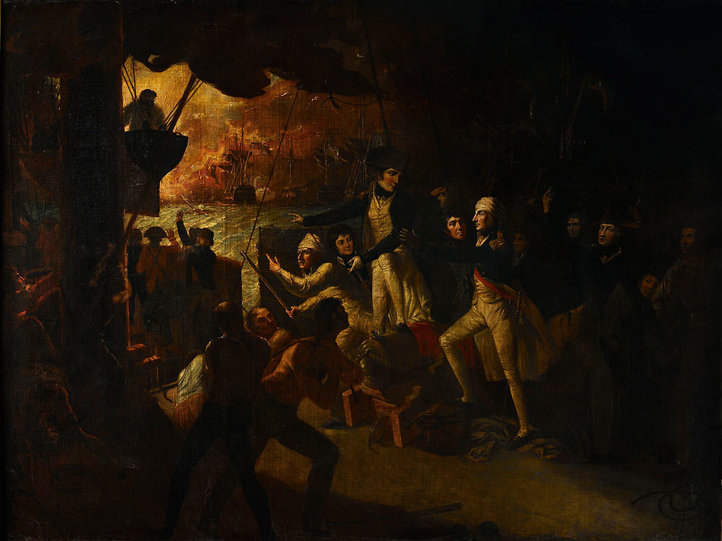 Nelson called on deck after having his wounds dressed to watch L'Orient burn: Battle of the Nile on 1st August 1798 in the Napoleonic Wars: picture by Daniel Orme