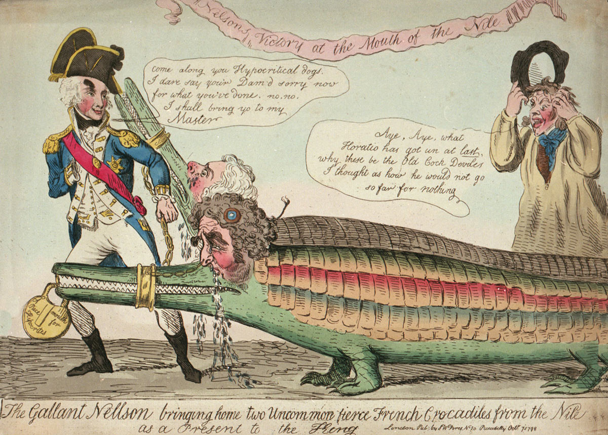Gilray cartoon showing Nelson dragging the French crocodile: Battle of the Nile on 1st August 1798 in the Napoleonic Wars