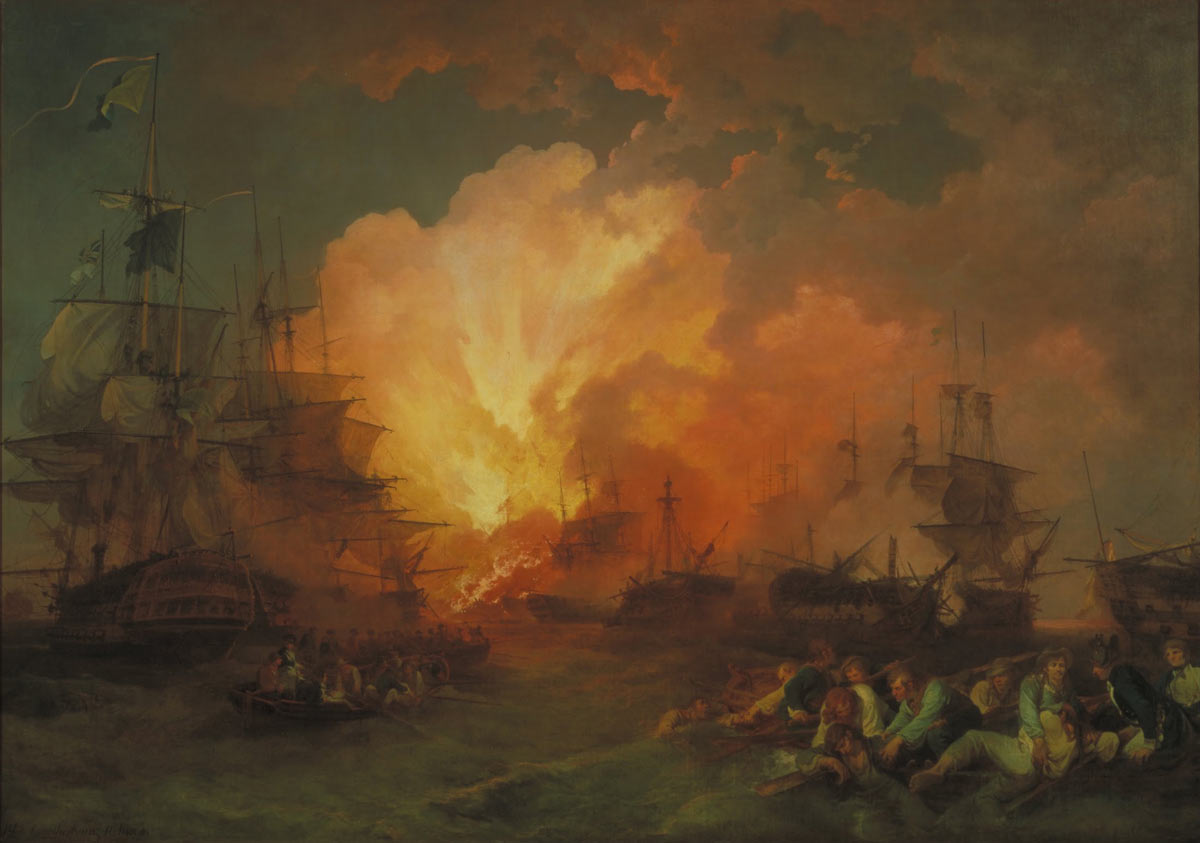 French Flagship L'Orient explodes at the Battle of the Nile on 1st August 1798 in the Napoleonic Wars: picture by Philip James de Loutherbourg: buy this picture