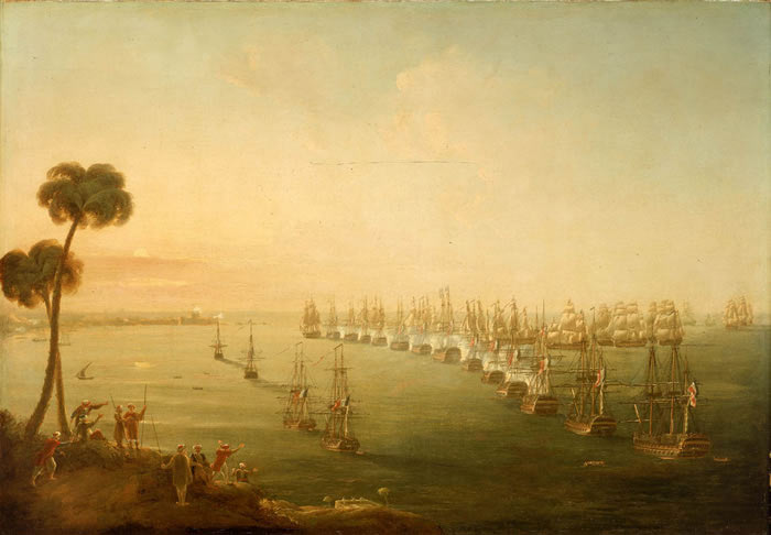 Opening of the Battle of the Nile on 1st August 1798 in the Napoleonic Wars: picture by Nicholas Pocock: buy this picture