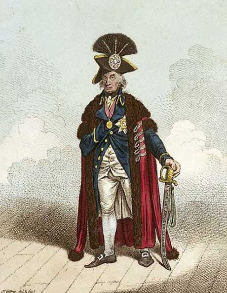 Gilray cartoon showing Nelson wearing the aigrette awarded to him by the Sultan of Turkey: Battle of the Nile on 1st August 1798 in the Napoleonic Wars