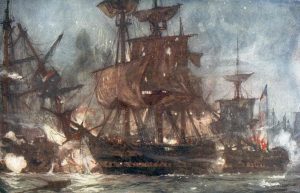 HMS Majestic at the Battle of the Nile on 1st August 1798 in the Napoleonic Wars: picture by Charles Edward Dixon: buy this picture