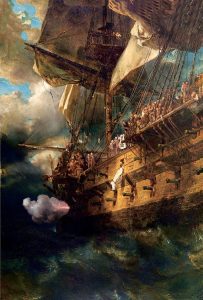 Burial of a naval officer at sea: Battle of the Nile on 1st August 1798 in the Napoleonic Wars: picture by Eugène Isabey
