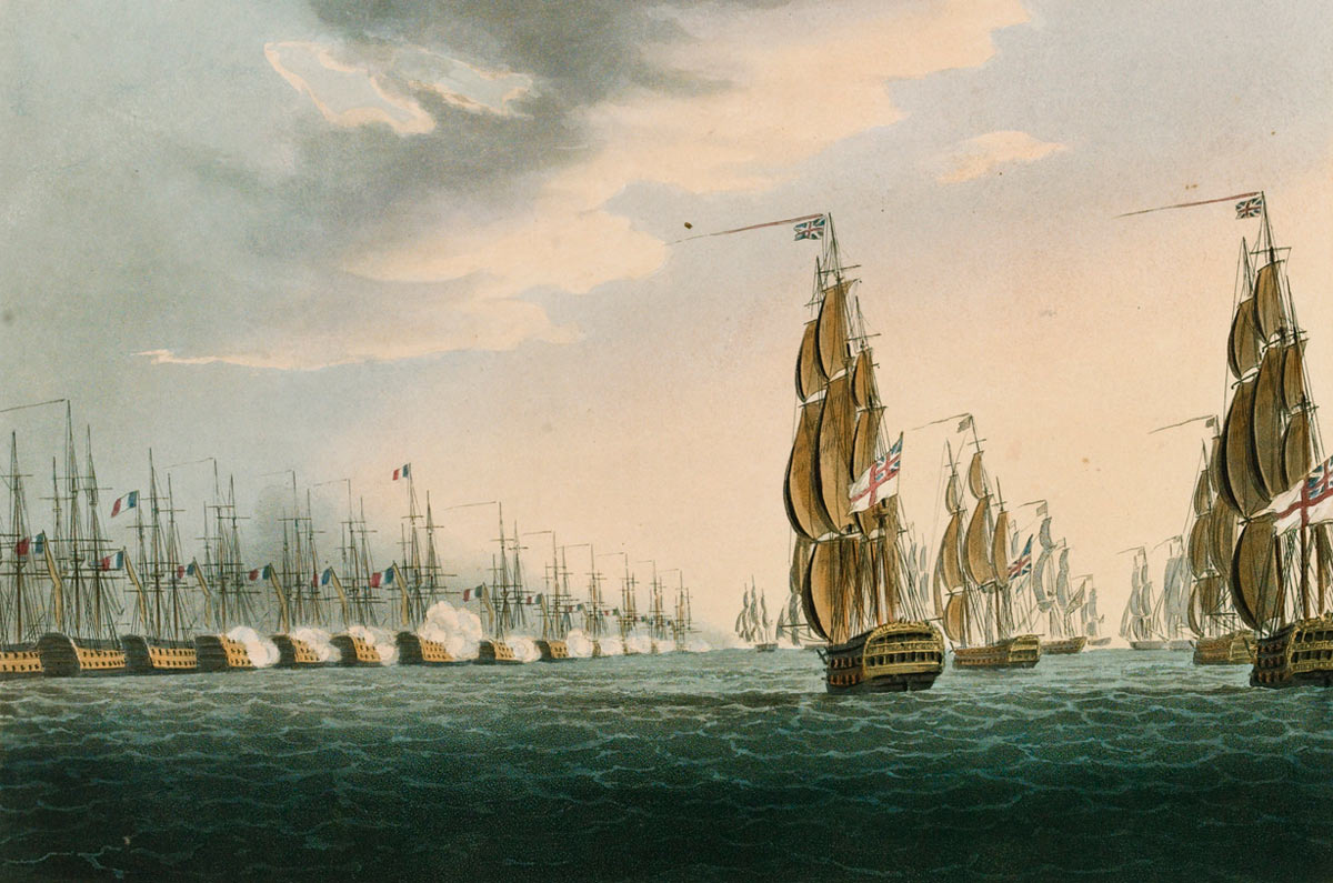 Opening of the Battle of the Nile on 1st August 1798 in the Napoleonic Wars: picture by Thomas Whitcombe: buy this picture