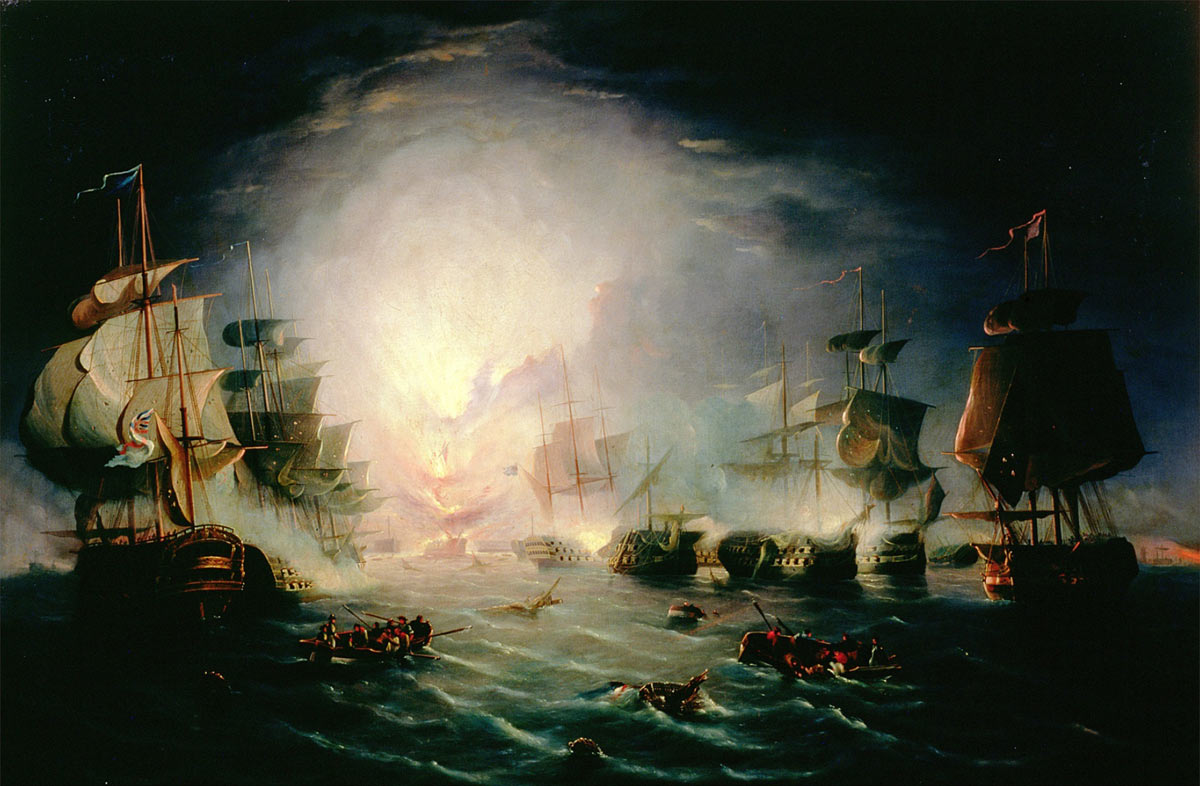 French Flagship L'Orient explodes at the Battle of the Nile on 1st August 1798 in the Napoleonic Wars: picture by John Thomas Serres: buy this picture