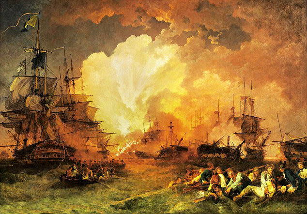 French Flagship L'Orient explodes at the Battle of the Nile on 1st August 1798 in the Napoleonic Wars