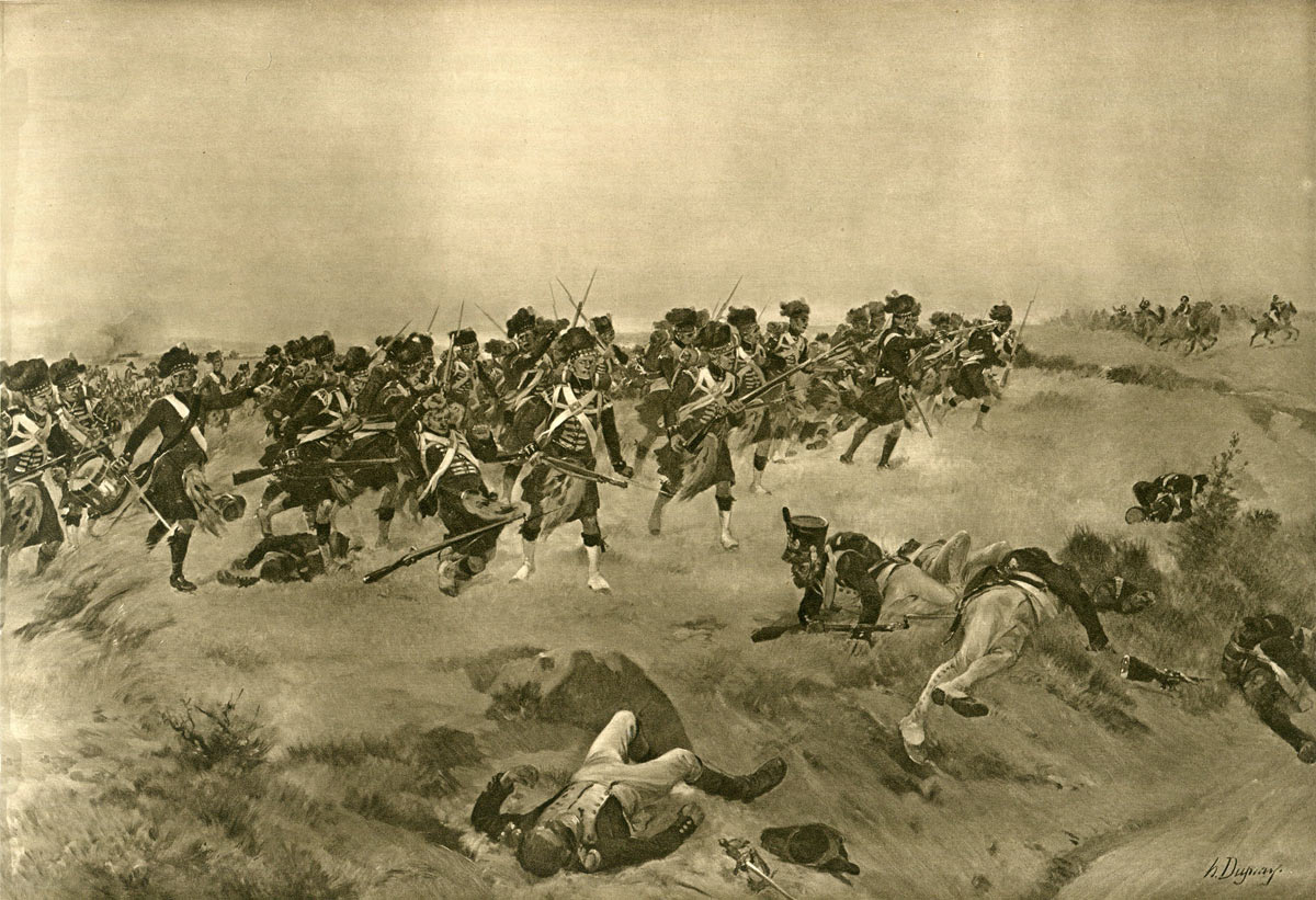 42nd Highlanders Black Watch at the Battle of Quatre Bras on 16th June 1815 during the Napoleonic Wars: picture by Henri Dupray: buy this picture