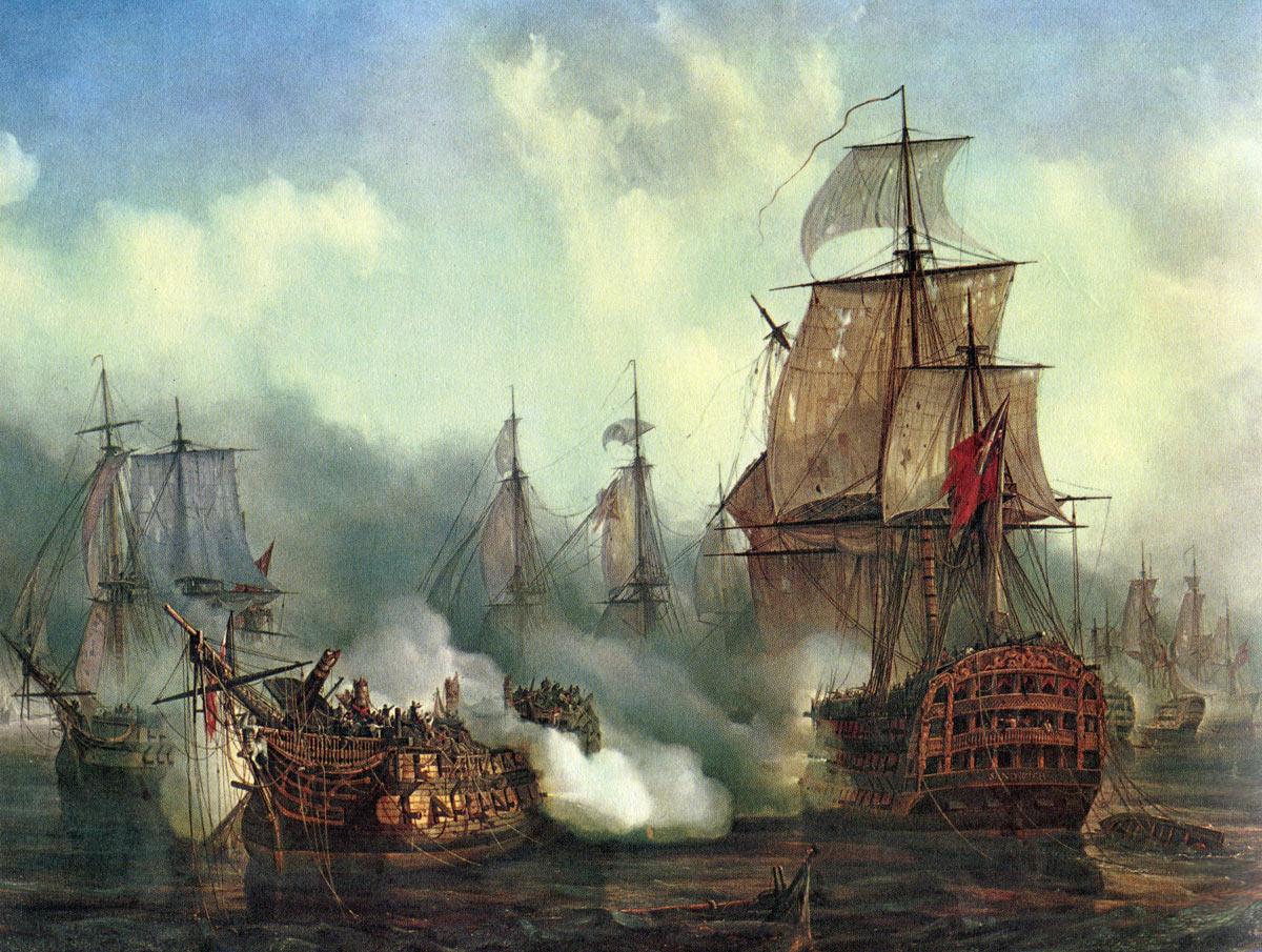 French ship Redoutable dismasted and sinking at the Battle of Trafalgar on 21st October 1805 during the Napoleonic Wars: picture by Auguste Mayer: buy this picture