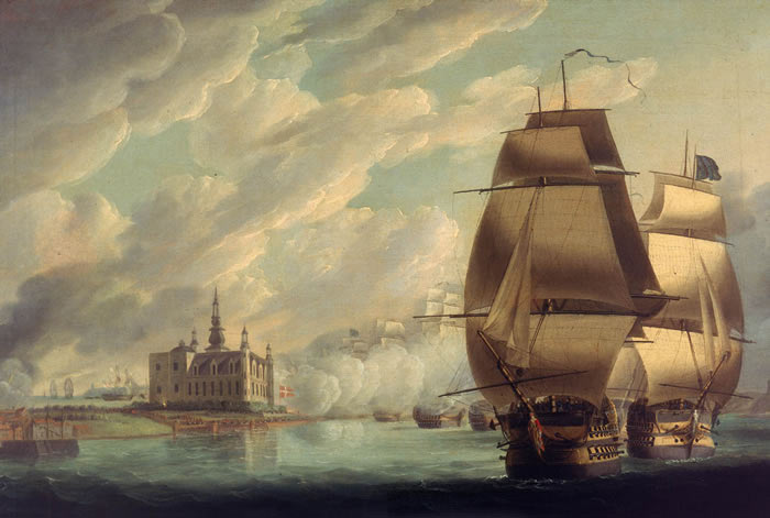 Admiral Nelson forcing the Passage of the Sound before the Battle of Copenhagen on 2nd April 1801 in the Napoleonic Wars: picture by Robert Dodd: buy this picture