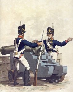 Royal Artillery gunners: Battle of Talavera on 28th July 1809 in the Peninsular War: picture by Charles Hamilton Smith: buy this picture