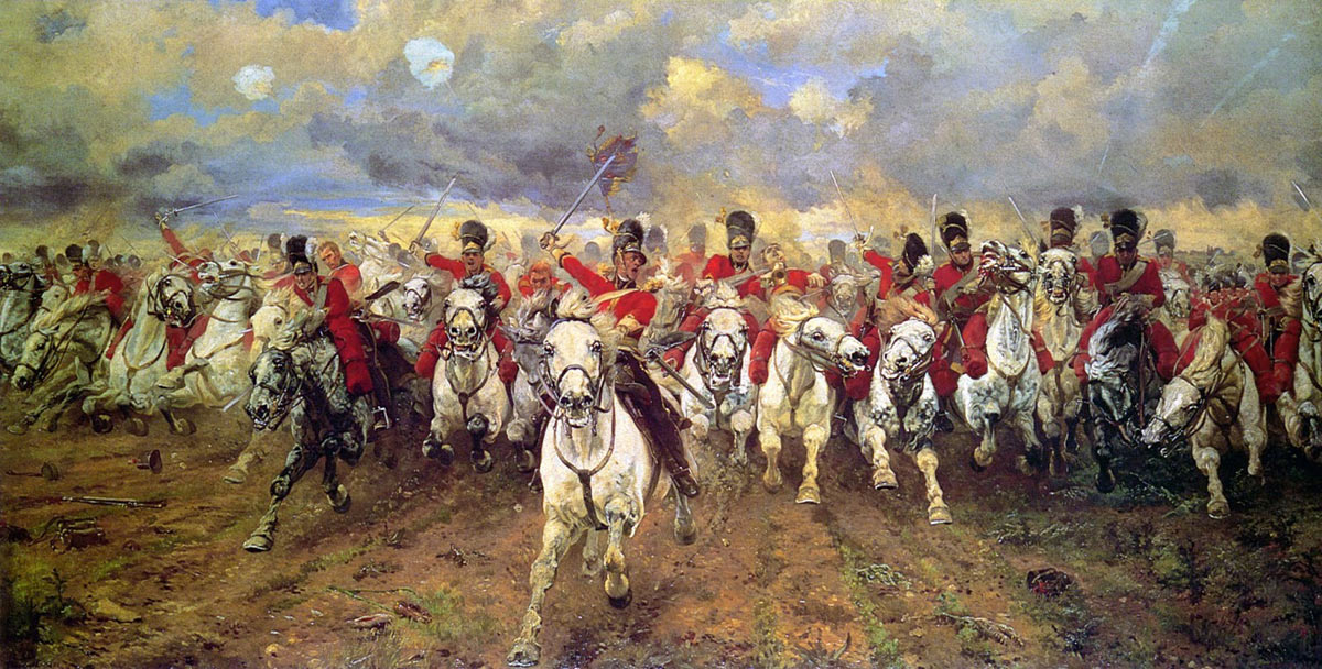'Scotland For Ever' the charge of the Royal Scots Greys at the Battle of Waterloo on 18th June 1815: picture by Lady Butler: buy this picture