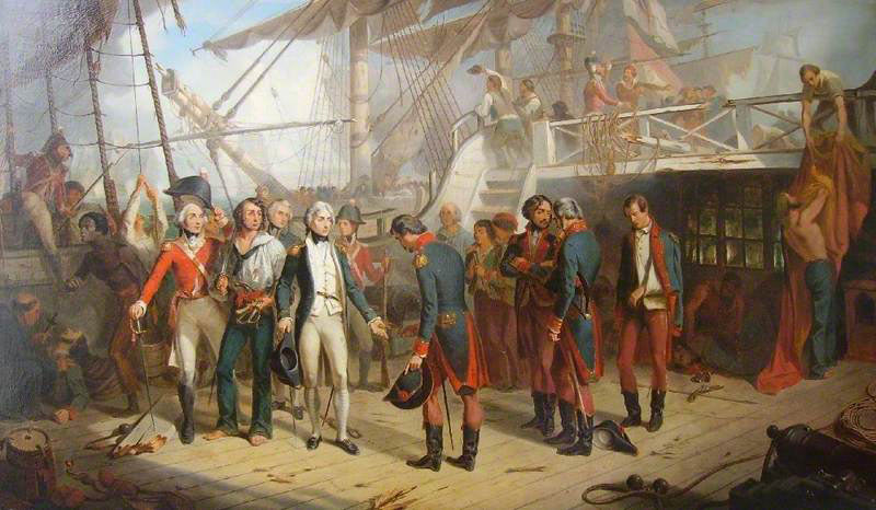 Nelson accepting the surrender of the San Josef at the Battle of Cape St Vincent on 14th February 1797 in the Napoleonic Wars