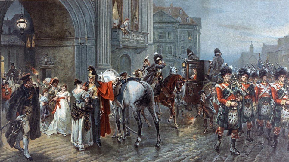 British officers leaving the Duchess of Richmond's Ball in the early hours of 16th June 1815 for the Battles of Quatre Bras and Waterloo: picture by Robert Alexander Hillingford: buy this picture