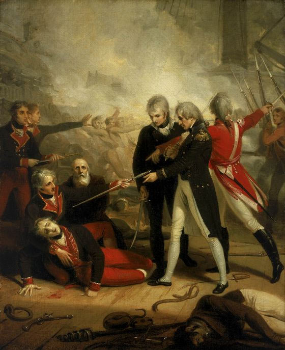 Nelson accepting the surrender of the San Nicolas at the Battle of Cape St Vincent on 14th February 1797 in the Napoleonic Wars: picture by R. Golding: buy this picture in black and white