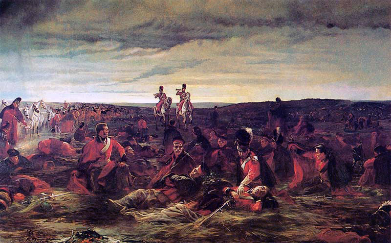 The Dawn of the Battle of Waterloo on 18th June 1815: picture by Lady Butler: buy sketches for this picture