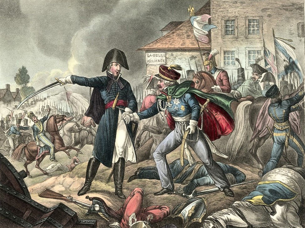 The Duke of Wellington meets Marshal Blücher at the end of the Battle of Waterloo on 18th June 1815: picture by William Heath: buy this picture
