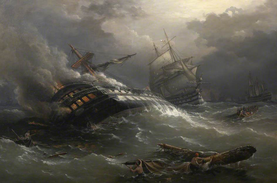 Destruction of the French ship Achille at the end of the Battle of Trafalgar on 21st October 1805 during the Napoleonic Wars: picture by Richard Brydges Beechey
