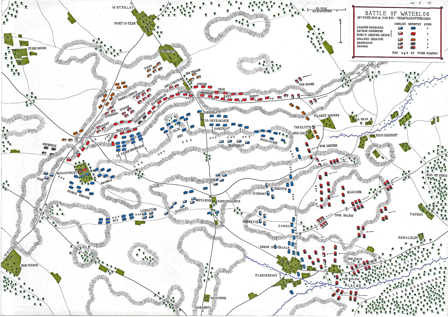 Map of the Battle of Waterloo at 7pm on 18th June 1815: the Attack of the French Imperial Guard: map 3 by John Fawkes