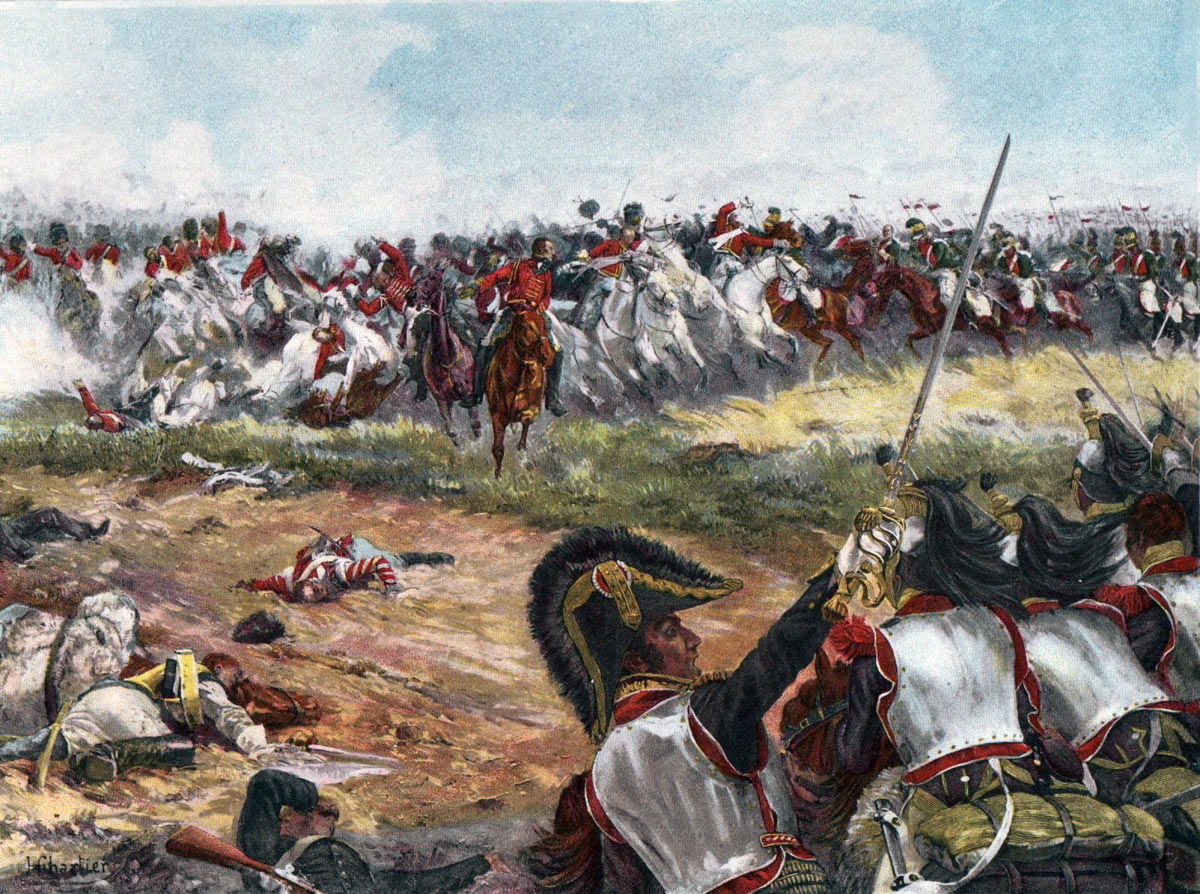 The British Union Brigade counterattacked by French Cuirassiers and Lancers at the Battle of Waterloo on 18th June 1815: picture by Chartier