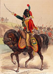 French Hussar of the Imperial Guard: Battle of Fuentes de Oñoro 3rd to 5th May 1811 in the Peninsular War: picture by Hippolyte Belangé
