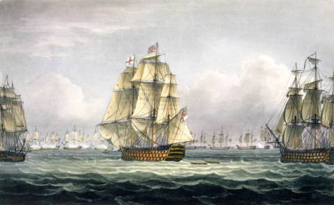 HMS Victory flanked by Euryalus and Temeraire heading for the French and Spanish line at the Battle of Trafalgar on 21st October 1805 during the Napoleonic Wars: picture by Thomas Whitcombe: buy this picture
