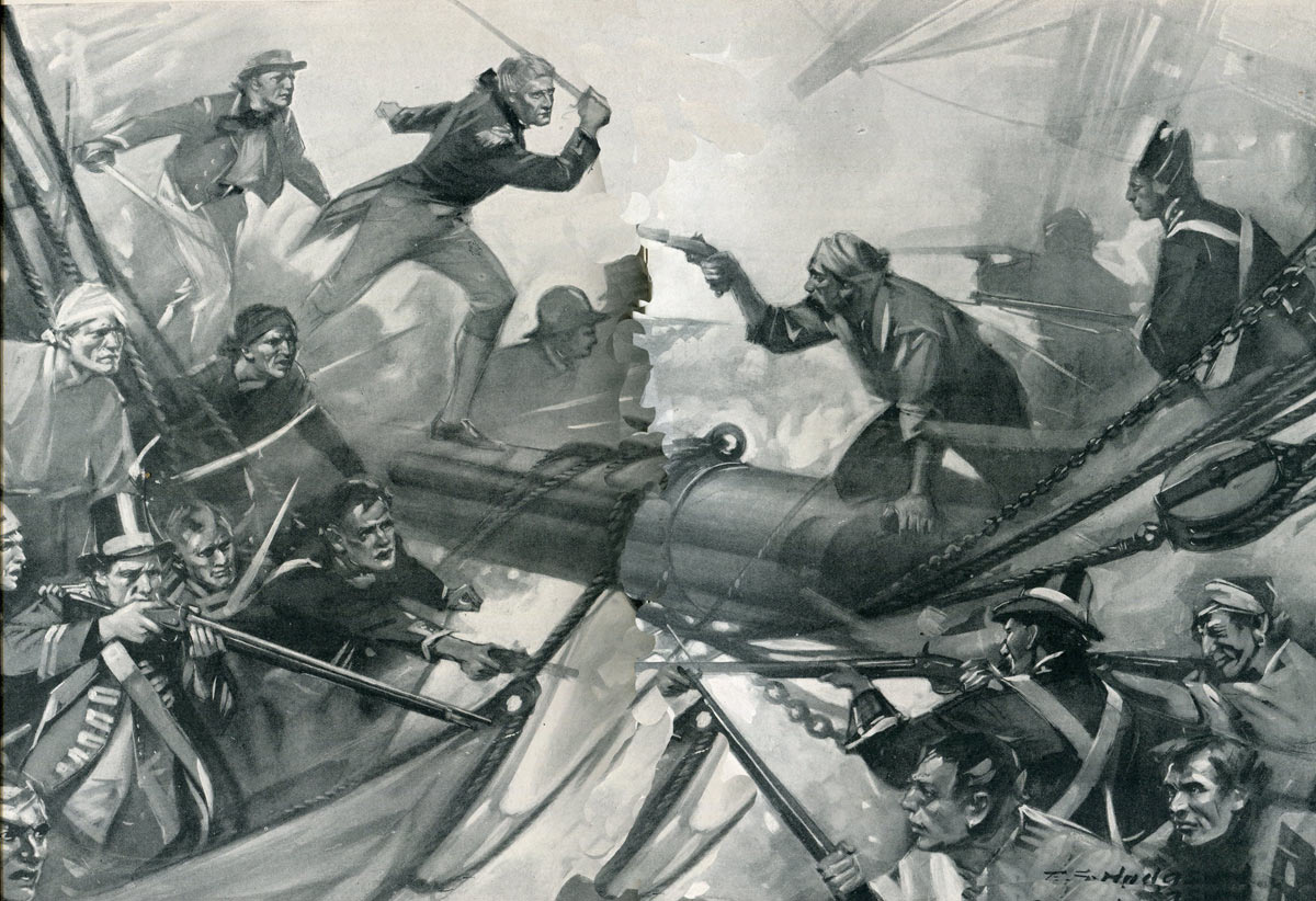 Crew of the French ship Redoutable boarding Victory during the Battle of Trafalgar on 21st October 1805 during the Napoleonic Wars: picture by E.S. Hodgson