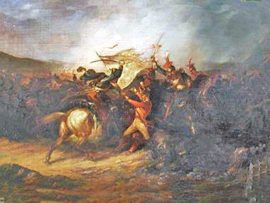 Lieutenant Latham defending the King's Colour of 3rd Old Buffs: Battle of Albuera on 16th May 1811 in the Peninsular War: picture by Major Thomas S. Seccombe