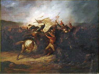 Lieutenant Latham defending the King's Colour of 3rd Old Buffs: Battle of Albuera on 16th May 1811 in the Peninsular War: picture by Major Thomas S. Seccombe
