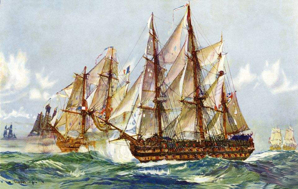 Taking of the French ship Duguay Trouin at the end of the Battle of Trafalgar on 21st October 1805 during the Napoleonic Wars: picture by Charles Edward Dixon: buy this picture