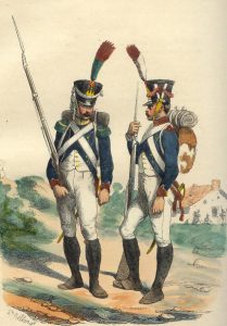 French Infantry Tirailleur and Voltigeur: Battle of Busaco on 27th September 1810 in the Peninsular War: picture by Hippolyte Bellange