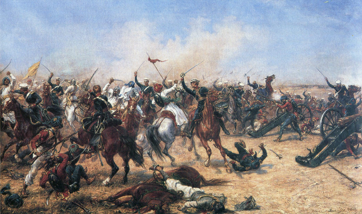 Charge of the 3rd King’s Own Light Dragoons at the Battle of Moodkee on 18th December 1845 during the First Sikh War: picture by Ernest Crofts