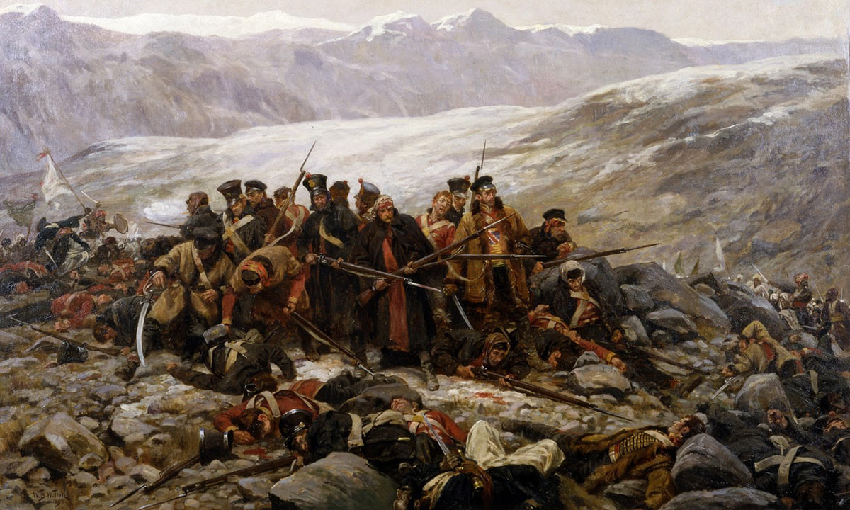 Last stand of the 44th Regiment at the Battle of Gandamak on 13th January 1842 in the First Afghan War: picture by William Barnes Wollen: buy this picture