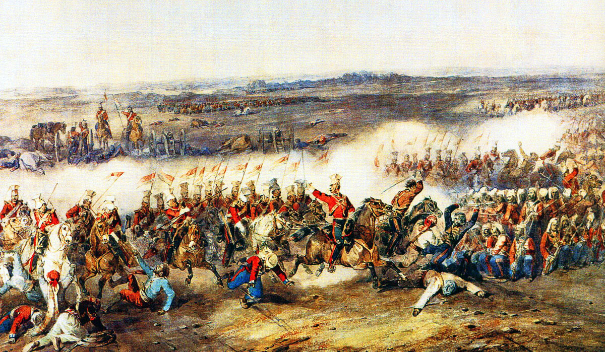 The Charge of the 16th Queen's Lancers at the Battle of Aliwal on 28th January 1846 in the First Sikh War: first picture by Orlando Norie