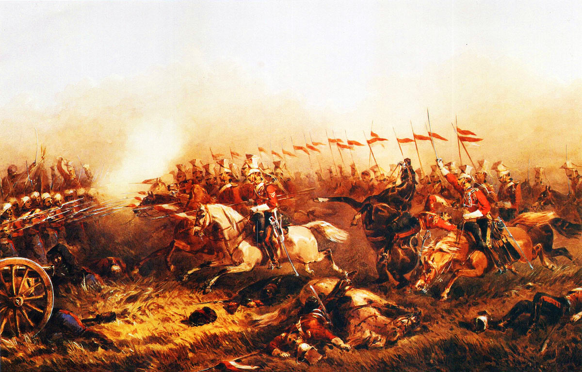 The Charge of the 16th Queen's Lancers at the Battle of Aliwal on 28th January 1846 in the First Sikh War: second picture by Orlando Norie: Sergeant Newsome is in the foreground
