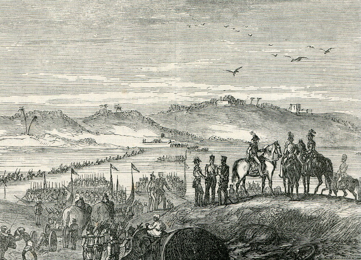 The Anglo-Indian army crossing the Sutlej River after the Battle of Sobraon on 10th February 1846 during the First Sikh War