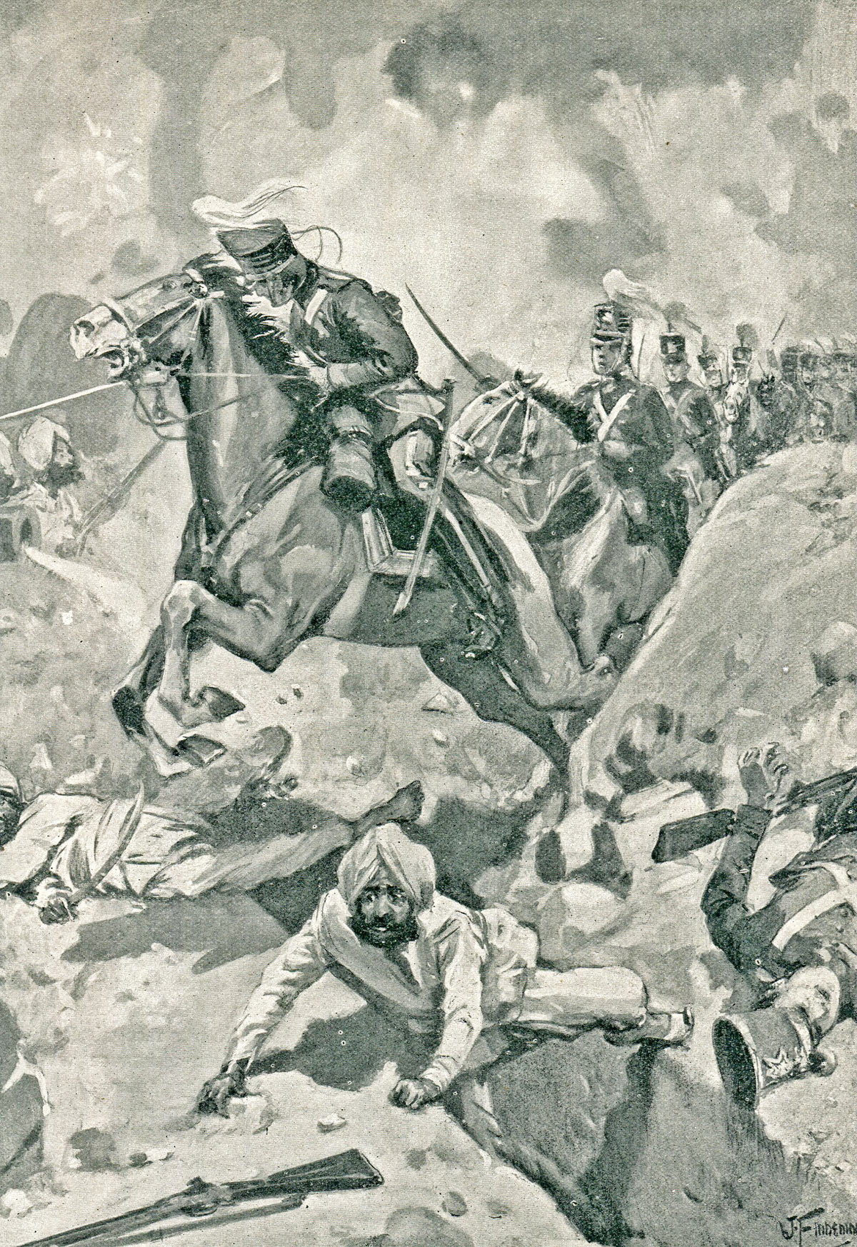Sir Joseph Thackwell leads 3rd King's Light Dragoons through the Sikh rampart at the Battle of Sobraon on 10th February 1846 during the First Sikh War